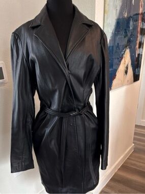 INC International Concepts Black Leather Belted Trench Coat Vintage